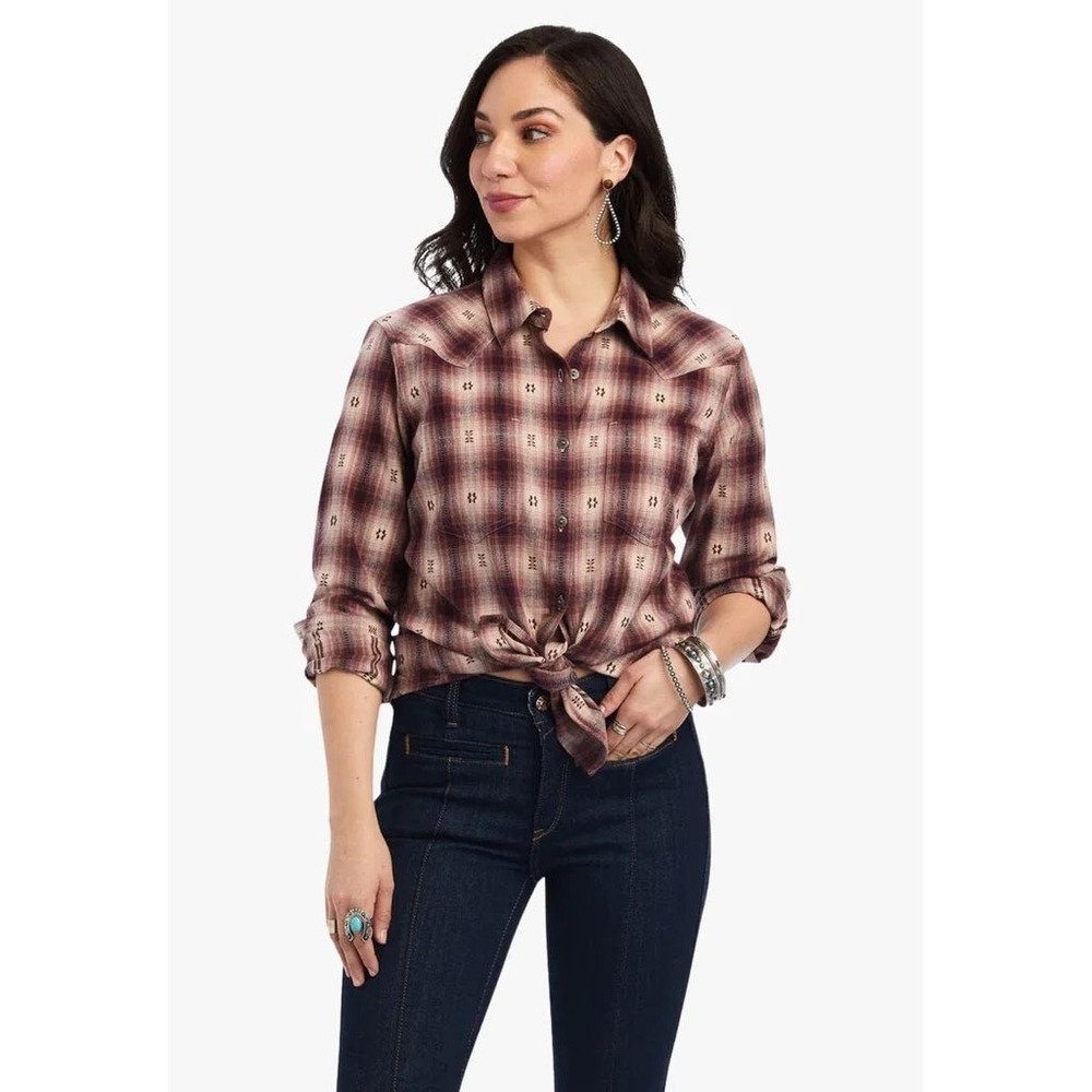 Ariat REAL Billie Jean Plaid Flannel Western Shirt Burgundy Small